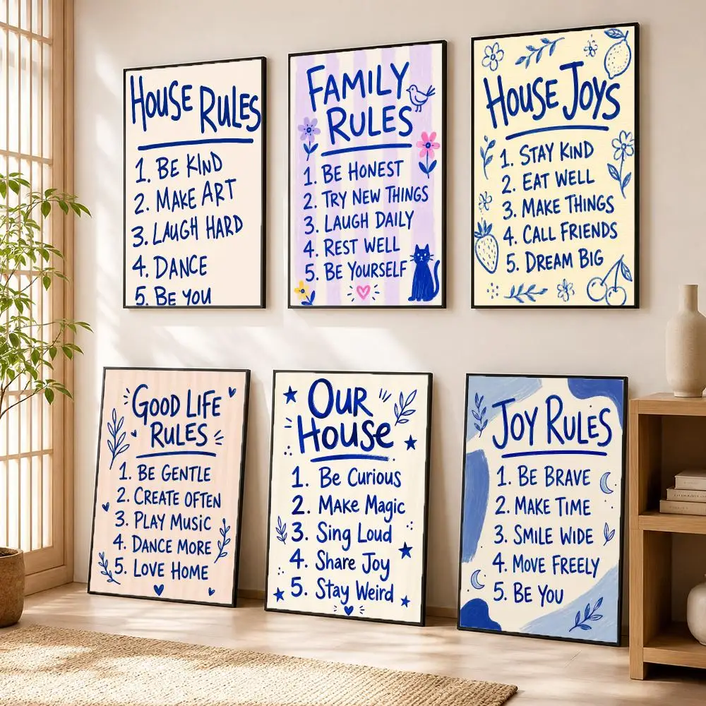 House Rules Positive Poster Stickers HD Painting Self-Adhesive Art for Bedroom Living Room Home Decor Wall Decals Gift