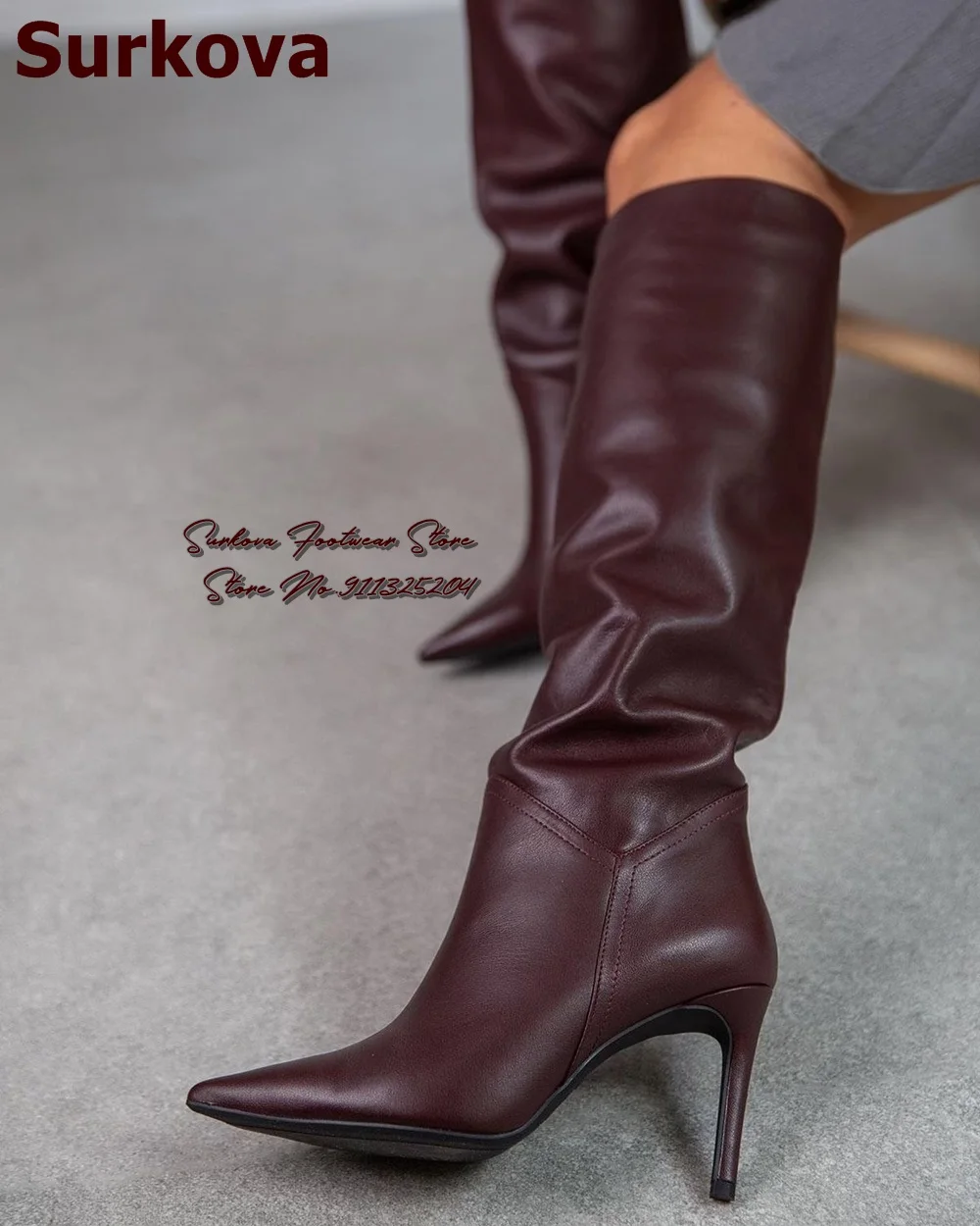 Surkova Dark Brown Matte Leather Thin High Heel Knee High Boots Pointed Toe Folded Slouchy Boots Size46 Fall Winter Dress Shoes