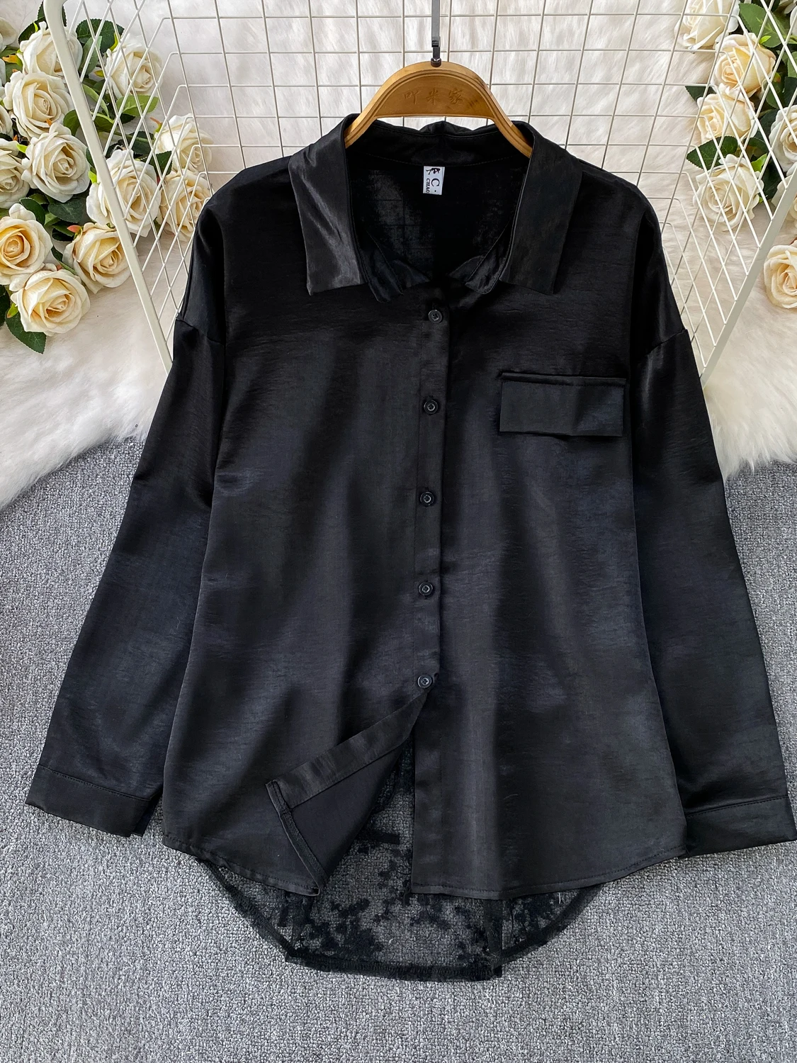

Early Autumn Anti-Wrinkle Silk Lace Splice Loose Slimming Women's Shirt Long Sleeve Turn-down Collar Mid-Length Outerwear