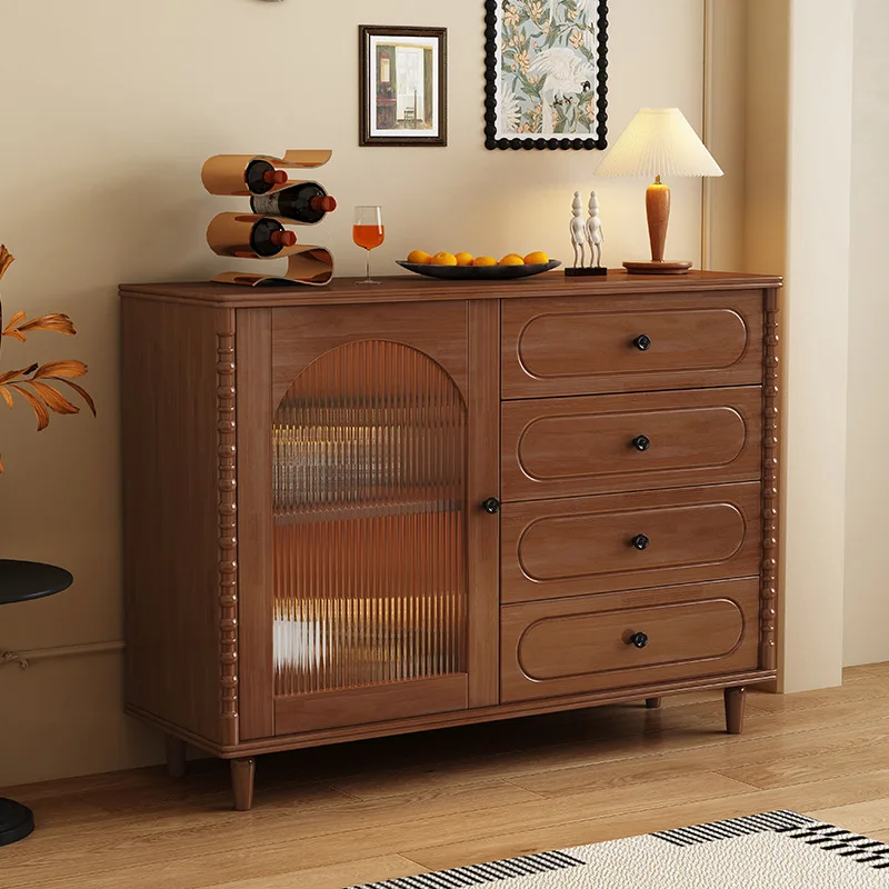Living Room Solid Wood Storage Side Cabinet For Home Kitchen Multi-functional Small Cabinet Walnut Color