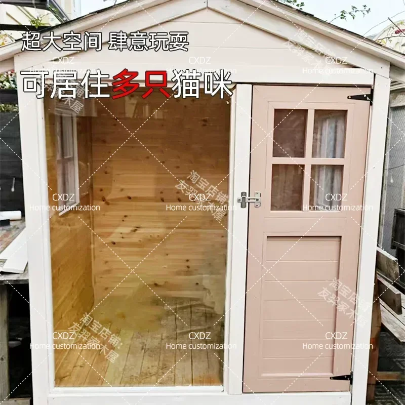 Outdoor Four Season Universal Solid Wood Cat Villa Large Panoramic Glass Luxury Wooden House Waterproof Warm Pet Shelter