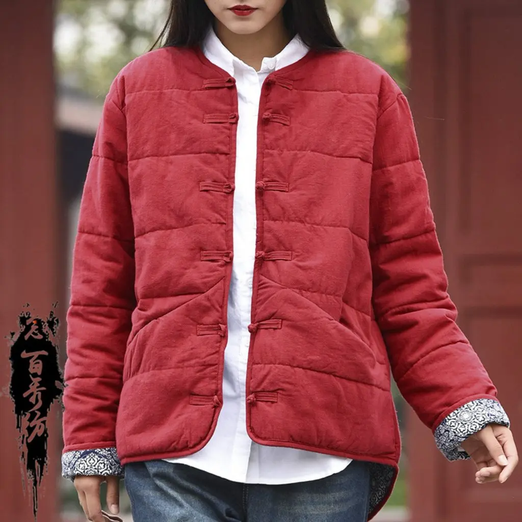 

Women's Long-Sleeved Cotton Coat Autumn/Winter Collection Zen-Inspired Retro Fresh Style Buttoned Jacket Nianbaixiu Textile