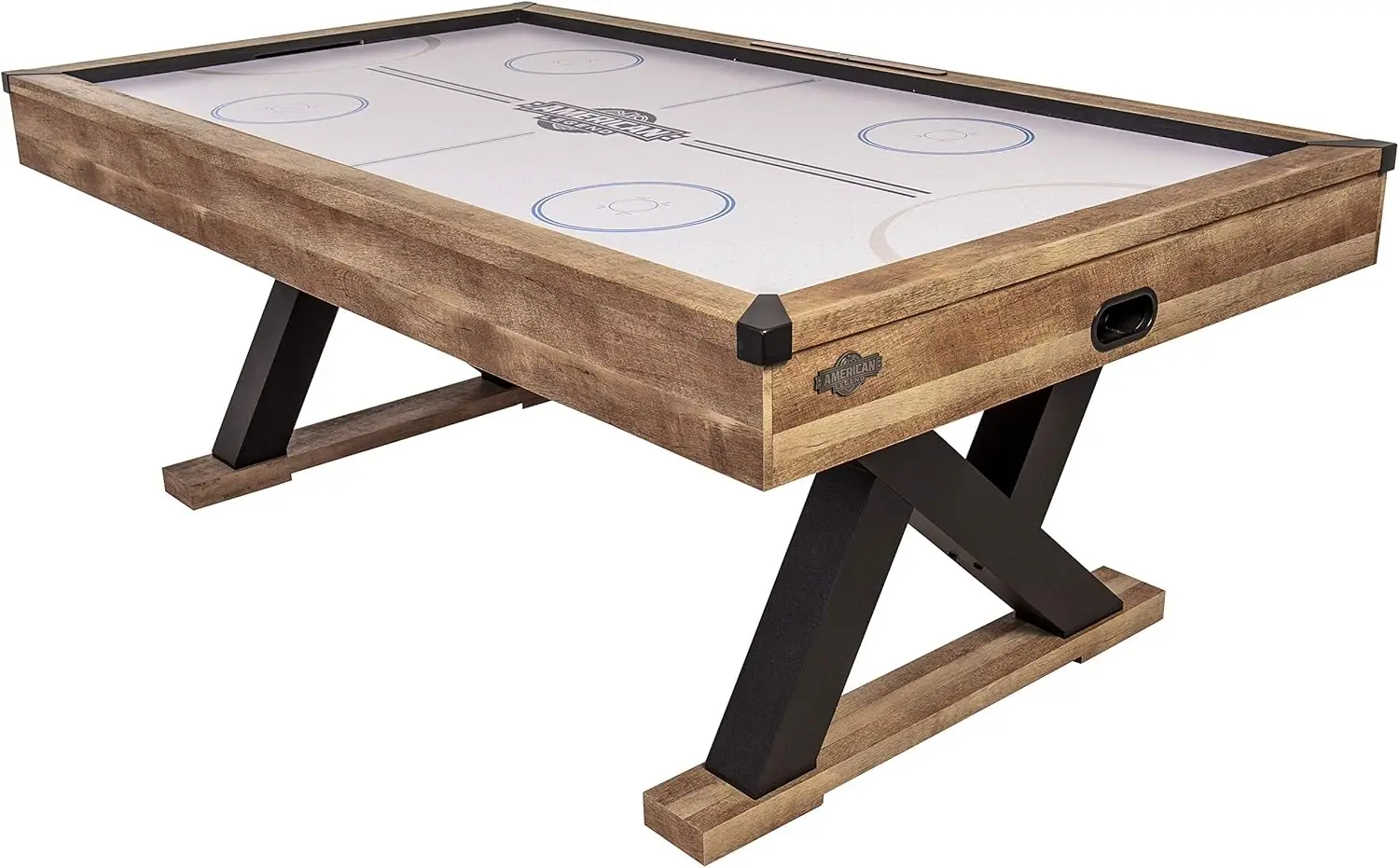 Powered Hockey Table with Rustic Wood Finish, K-Shaped Legs and Modern Design