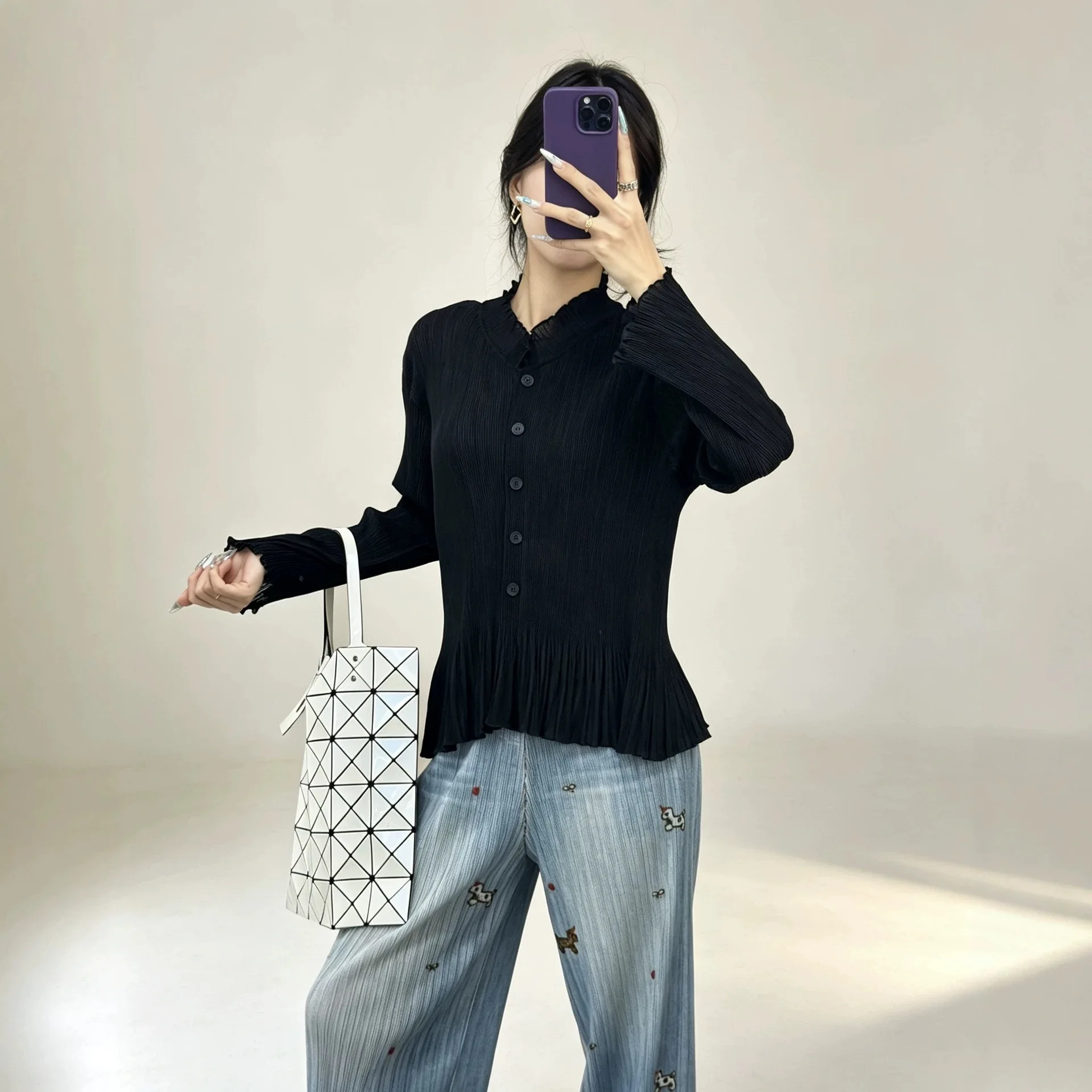 Miyake Pleated Blouse Women Ruffle V‑Neck Button Front Irregular Flared Hem Long Sleeve Wrinkle‑Resistant Casual Shirt Top