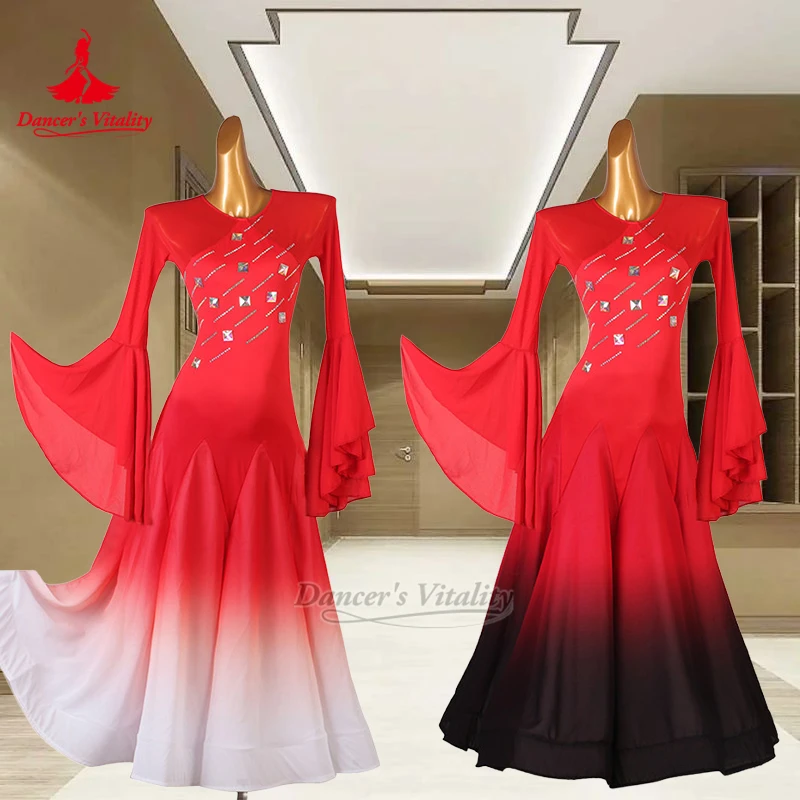 Ballroom Dance Flared Sleeves Big Swing Dresses Dancer's Vitality Adult Chacha Samba Gradient Color Contest Clothes Customized