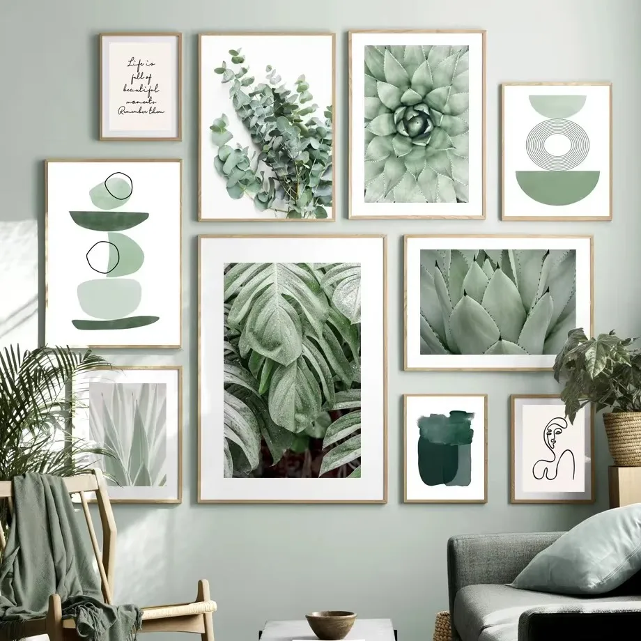 1PC Boho Green Leaf Dewdrop Mountain Lake Boat Vase Theme Canvas Wall Art Living Room Decorative Poster Print