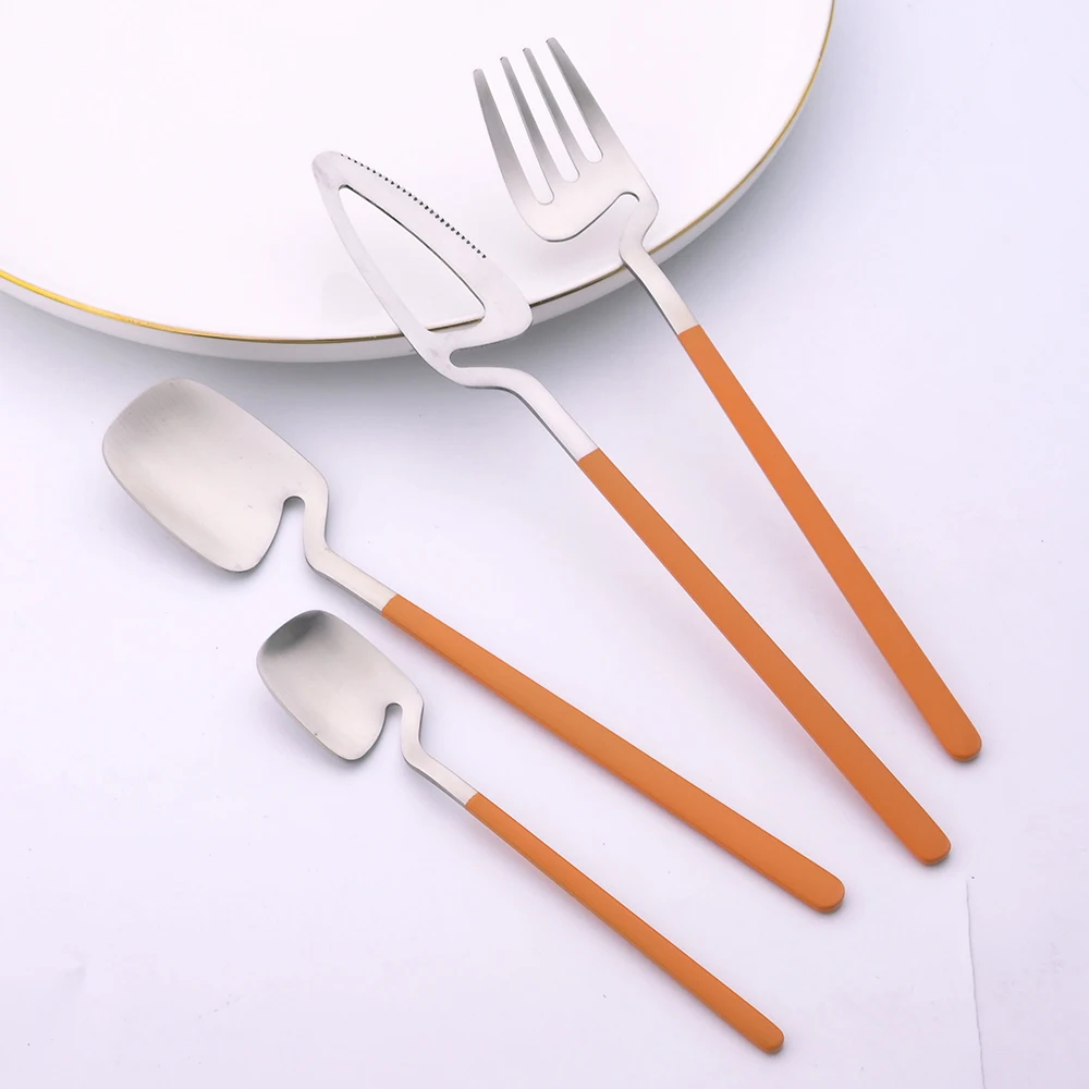 New 16Pcs Hanging Cutlery Set 304 Stainless Steel Dinnerware Knife Fork Spoon Tableware Kitchen Matte Orange Silver Flatware Set