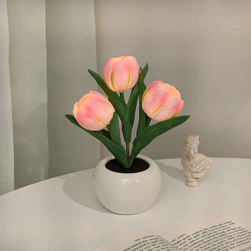 LED Tulip Night Light Simulation Flower Table Lamp Home Decoration Atmosphere Lamp Romantic Potted Gift for Office/Room/Bar/Cafe