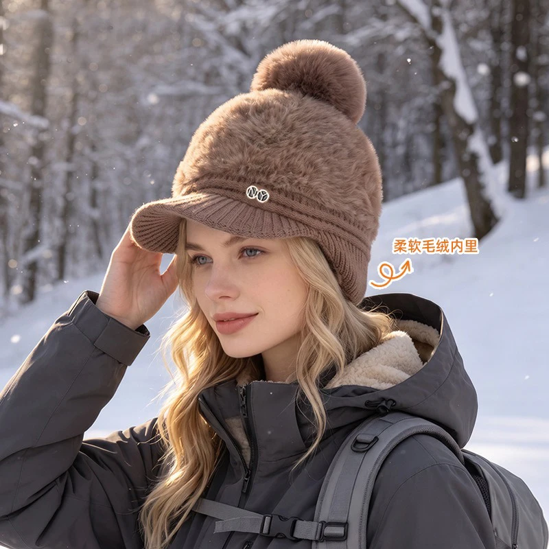 New Plush Ear Protector Duck Tongue Women Baseball Hat Winter Outdoor Warmth Cold Protection Neck Protection Knitted Wool Hat