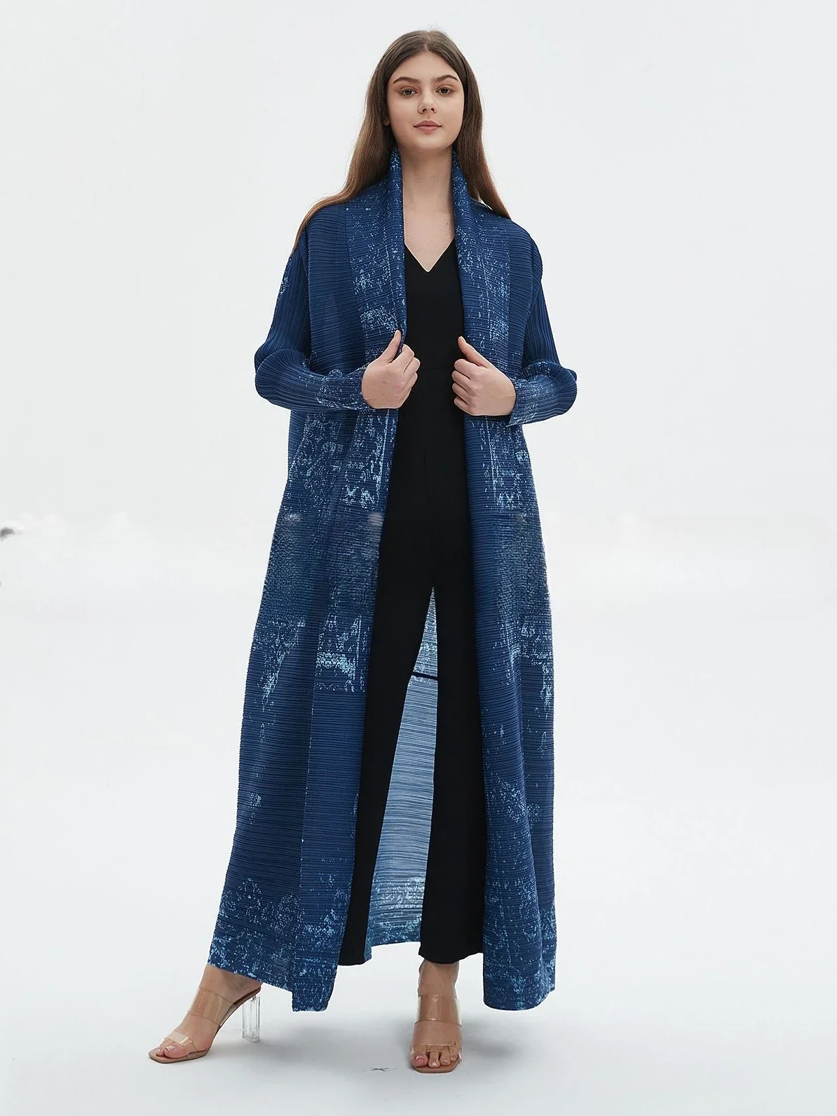 Miyake Pleated Abaya Vintage Printed Long Sleeve Trench Cardigan Dress Women 2025 New Original Designer Cardigan Long Coats