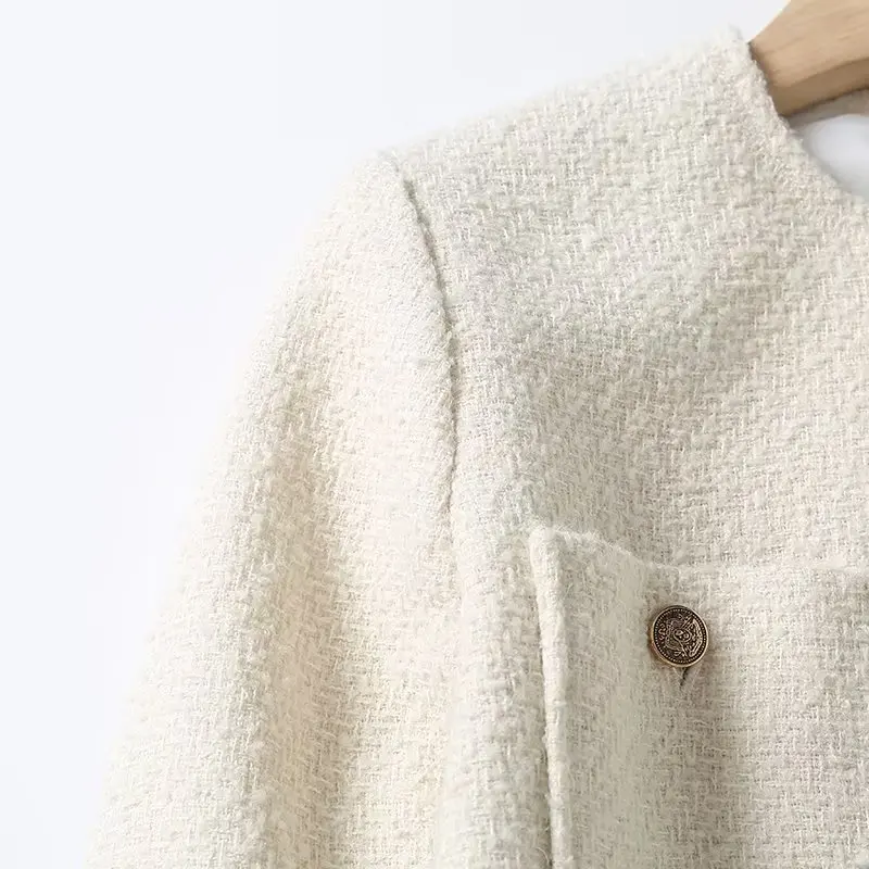 Jenny&Dave Office Ladies Round Neck Pocket Jacket Women Top French Fashion Elegant Textured Coat