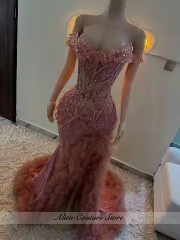 Glitter Pink Off Shoulder Prom Dress 2026 Luxury Diamonds Gems Ruffles Tulle Mermaid Evening Gowns Formal Party Dress Customize