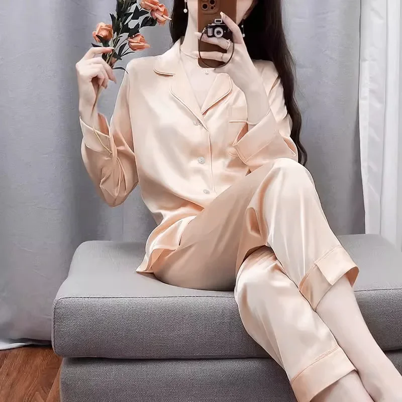 Pure Color Light Luxury Ice Silk Pajamas for Women Spring and Summer Women's Pajamas Set Long-sleeved Trousers Home Clothes Suit