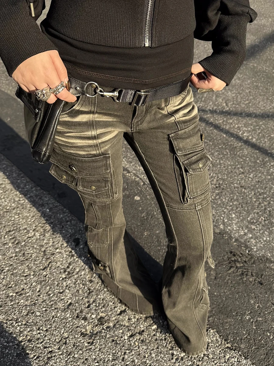 Y2k Style Black Low Waist Cargo Jeans Multi-pocket Stretch Flare Pants Women Vintage Streetwear Denim Trousers