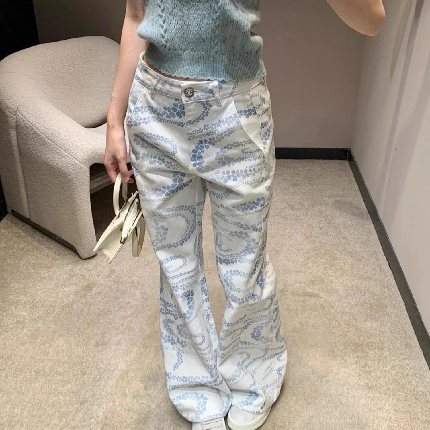 Women White Printed Jeans High Waisted Wide Leg Korean Straight Loose Casual Versatile Autumn New High Street Fashion Trousers
