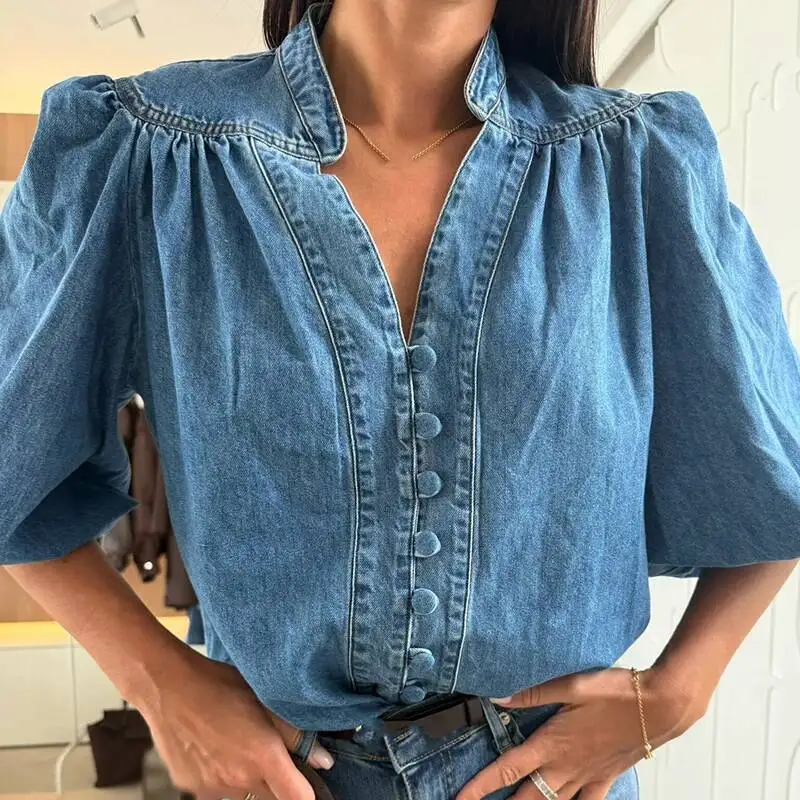

Vintage Solid Denim Blouse Shirts For Women New Elegant V Neck Button Top Coat Autumn Lantern Sleeve Cowboy Shirt Blusa Haruku