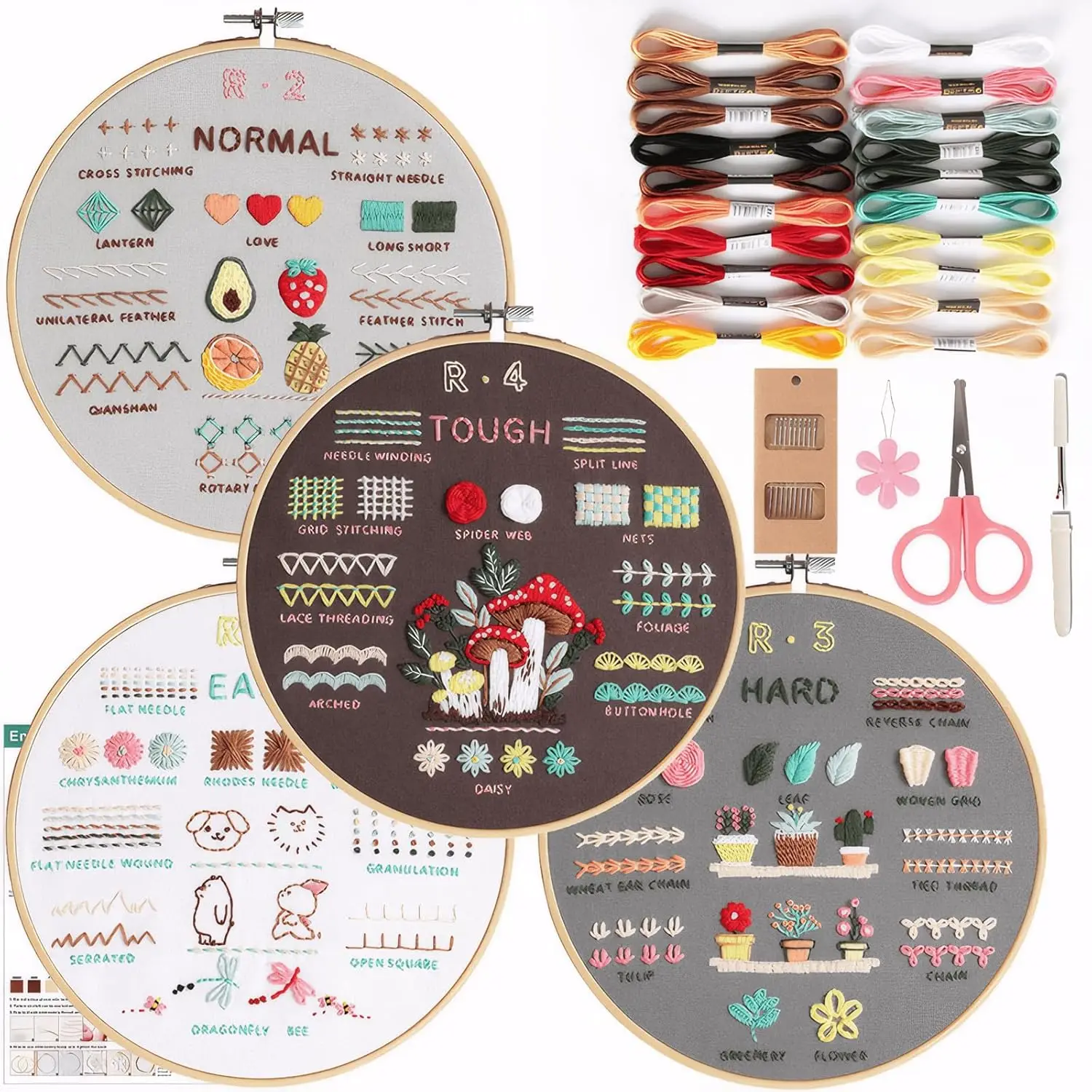 

4pcs DIY Embroidery Kit for Beginner DIY Starter Set with DIY Stamped Pattern Includes Hoop, Color Threads, Tools, Instructions