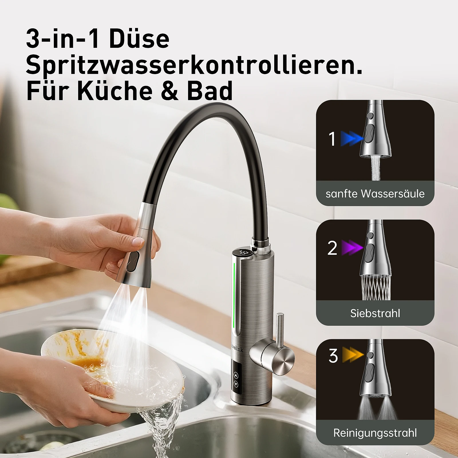 صنبور Lovelink من الفولاذ المقاوم للصدأ مع سخان مياه فوري مع 360 درجة °   خرطوم مرن وعرض درجة الحرارة LED التكيف بالألوان (فضي)