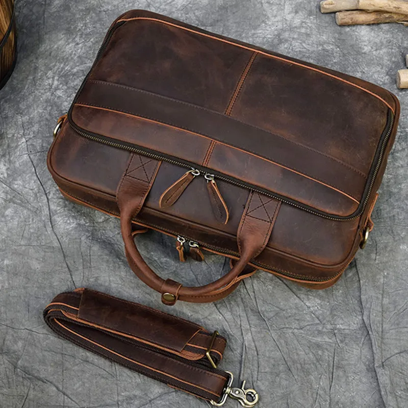 Vintage Genuine Leather Men's Briefcase Cowhide Handbag Large Capacity Male Shoulder Messenger Bag Office 14 "Inch Laptop Bag Ba