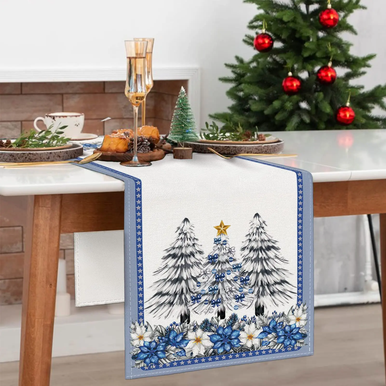 Winter Pine Tree Table Runner, Blue Burlap, Cedar Table Runners, Christmas Poinsettia Wreath Decor