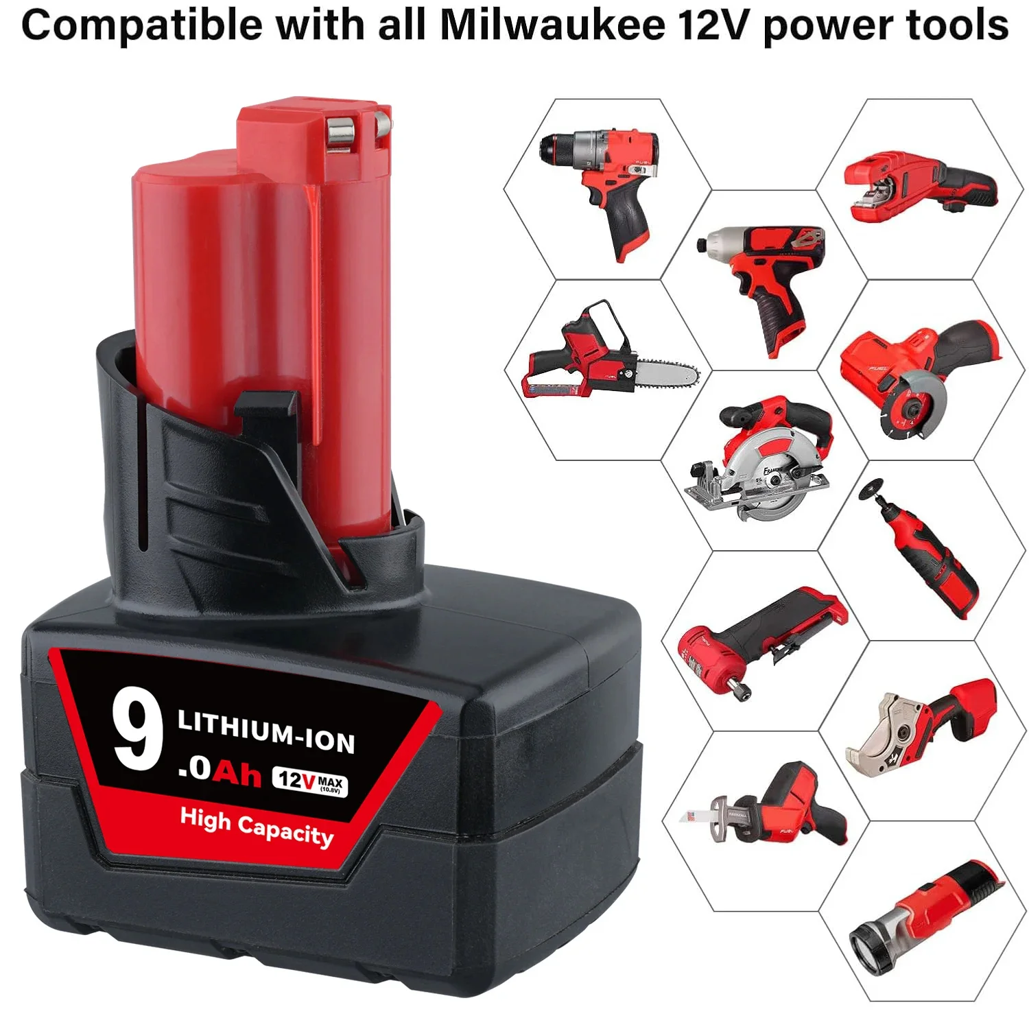 [1/2/4 balení] 9,0 Ah M12 Náhrada pro Milwaukee 12VOLT 48-11-2412 48-11-2402 48-11-2411 Akumulátorové elektrické nářadí Li-ion baterie Pin - náhled 4