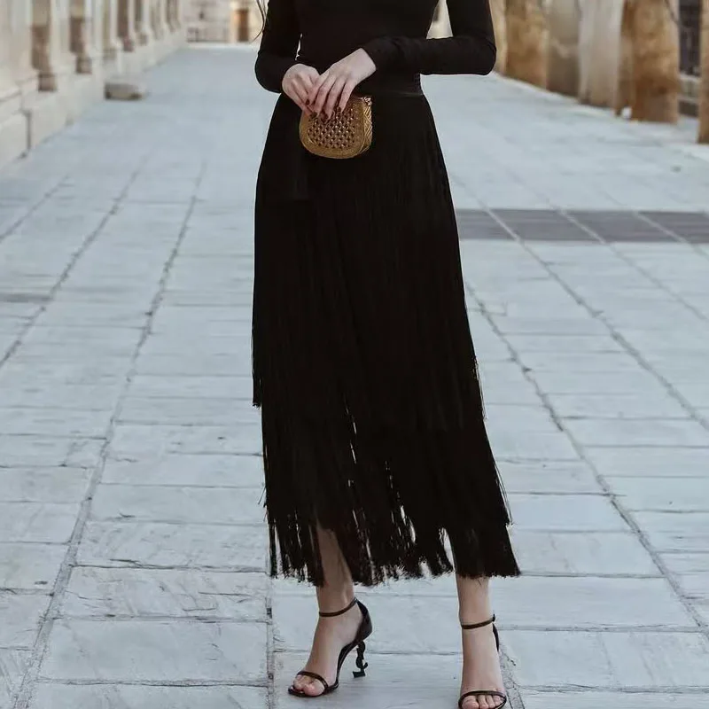 

2025 Spring Autumn Solid Tassels Long Skirts Ladies Fashion Elastic Waist A-Line Skirt Elegant Club Party Women's Skirt Harajuku