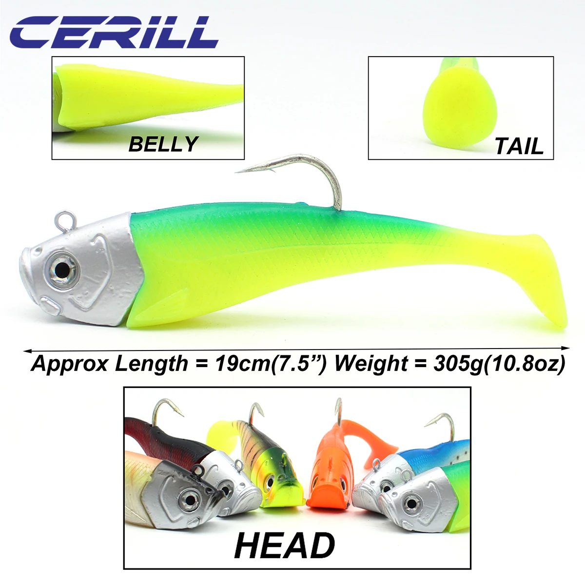 Cerill 3 PCS 305g 19cm Metal Jig Head Soft Fishing Lure with Barbed Hook 3D Eyes Super Weight Shore Rock Trout Bait Tackle