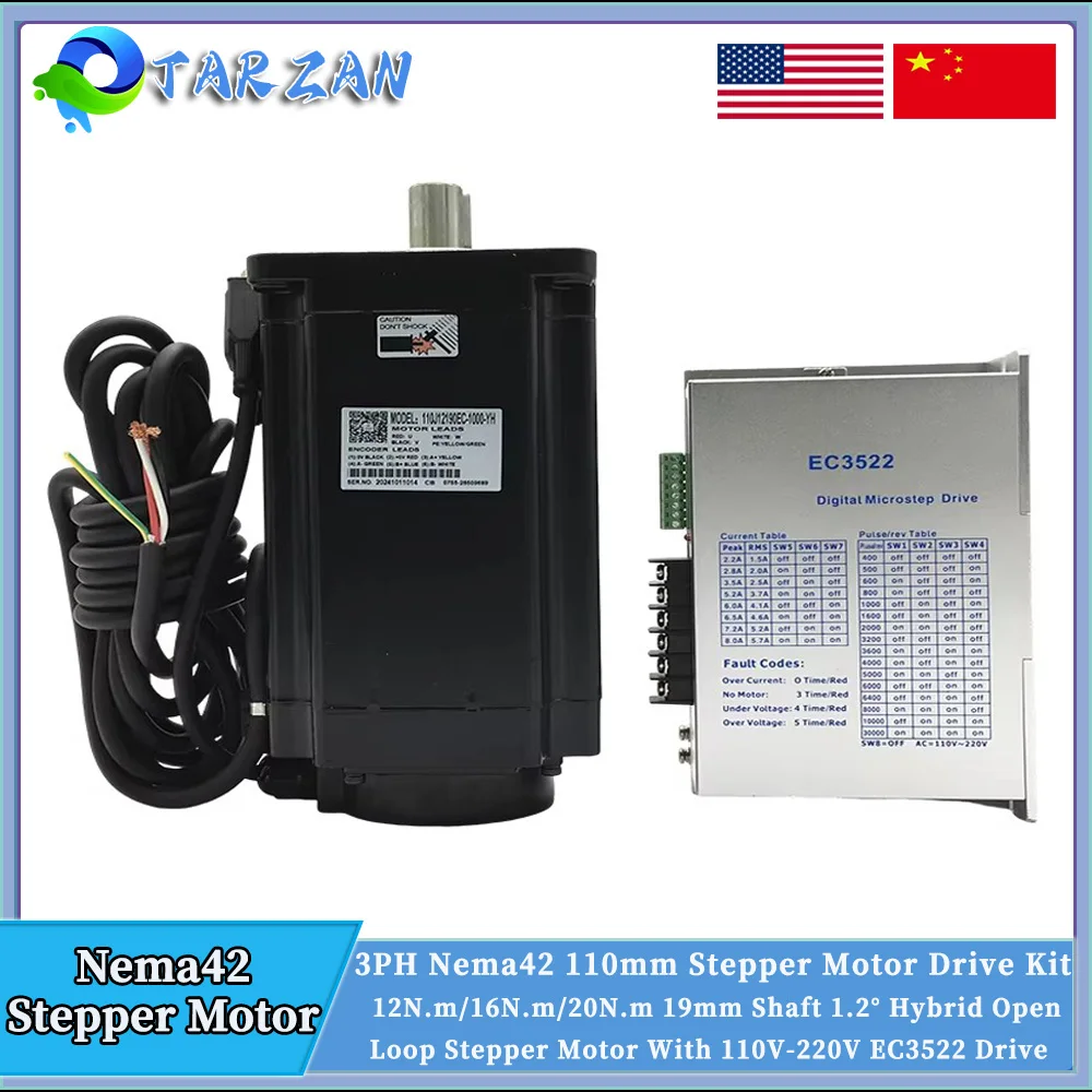 Nema 42 3Phase Hybrid Open Loop Stepper Motor 19mm Shaft 12/16/20N.m 220V 1.2° 6A 110mm Stepper Motor AC80-240V EC3522 Drive Kit