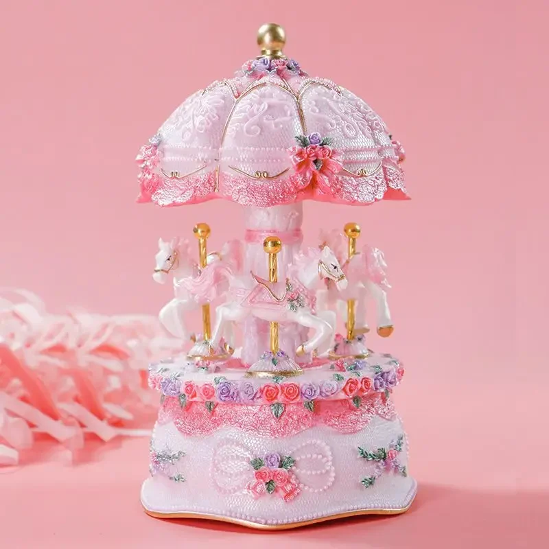 Flashing LED Light Rotating Horse Music Box Resin Decoration Girl Toy Birthday Gifts Home Room Carousel Eight Tone Box Ornaments