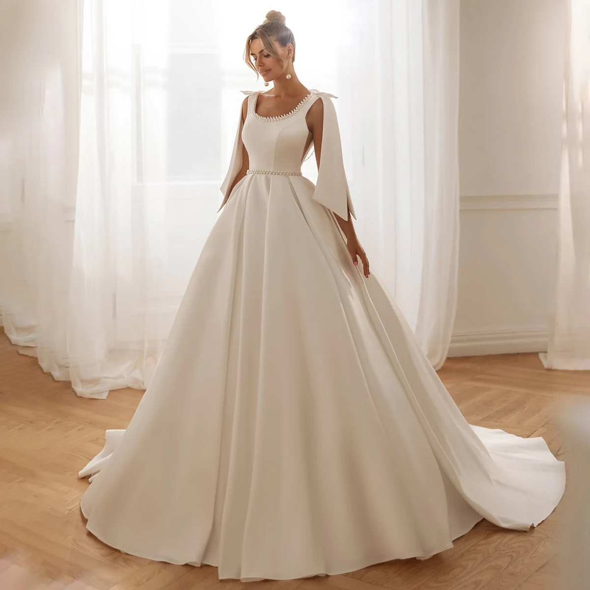 Clássico cetim cinta de espaguete longo vestido de baile vestidos de casamento com arco pérola vestido de noiva para mulheres novia