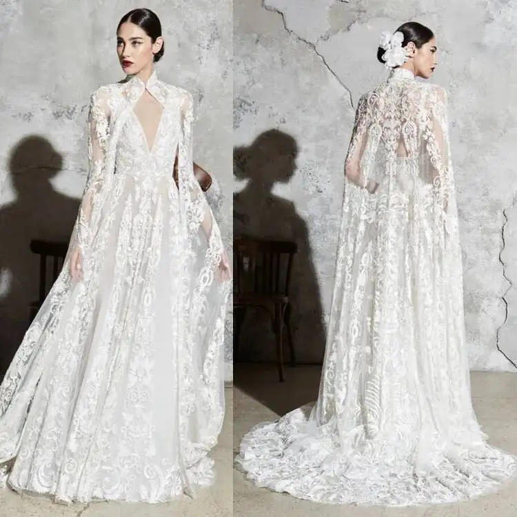 

Murad Winter Zuhair Lace Dresses With Wraps Elegant A Line Sweep Train Bridal Gowns Applique Princess Wedding Dress Pplique