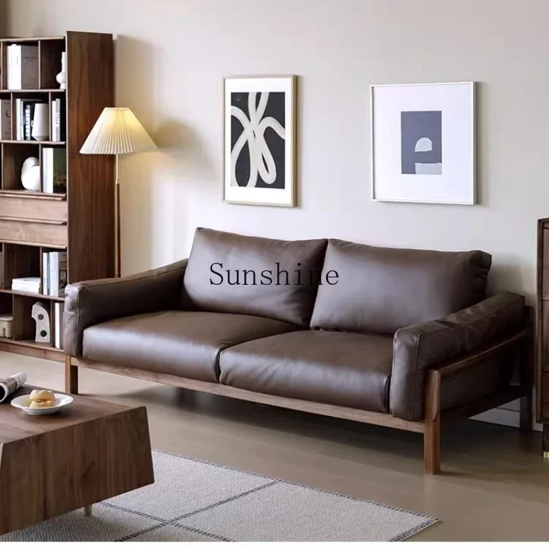 

Small apartment Nordic style modern simple living room leather black walnut solid wood sofa