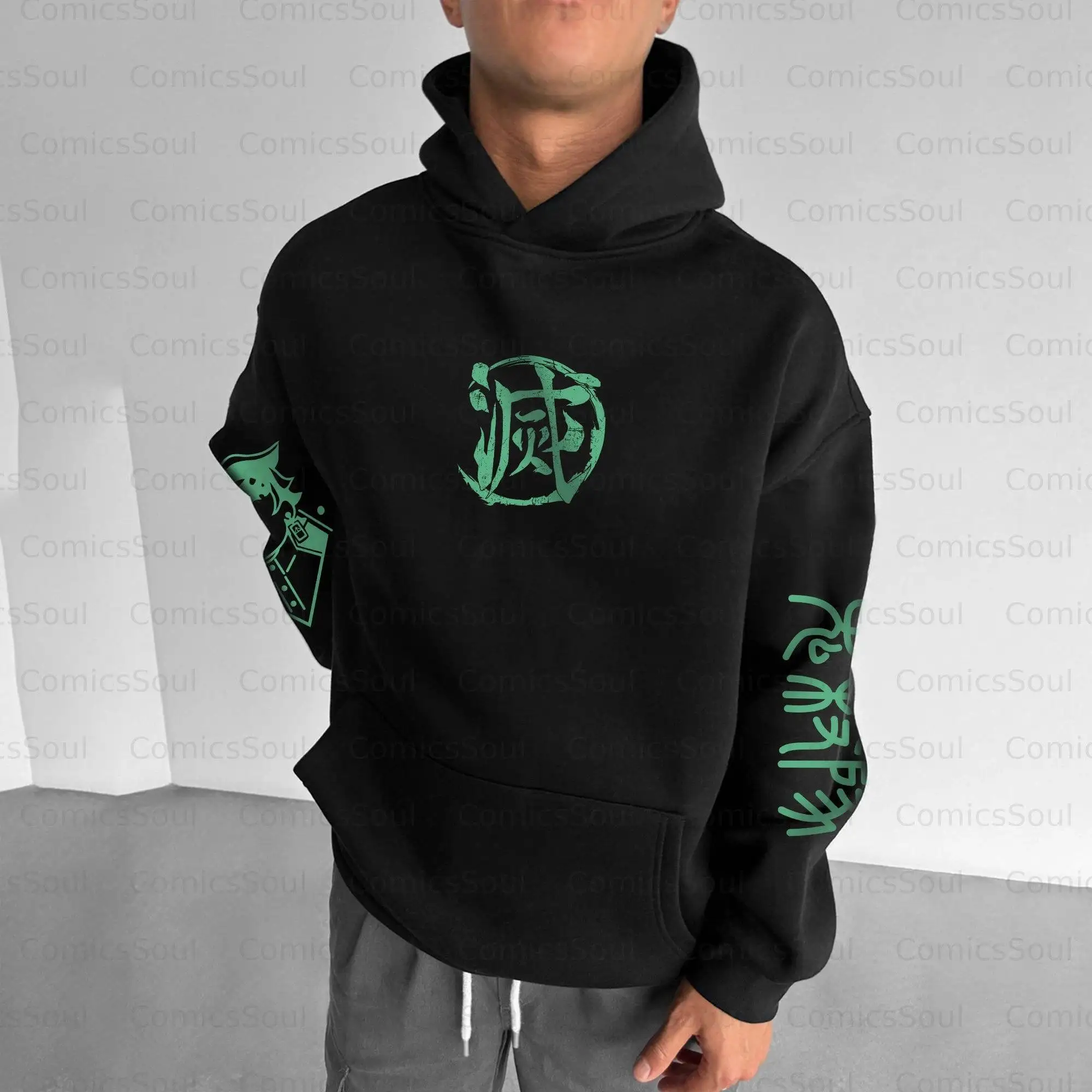 Sudadera con capucha negra Kimetsu No Yaiba con Tanjiro Kamado, estampado de espalda Haori a cuadros verdes, patrón de manga con efecto relámpago, estilo Anime