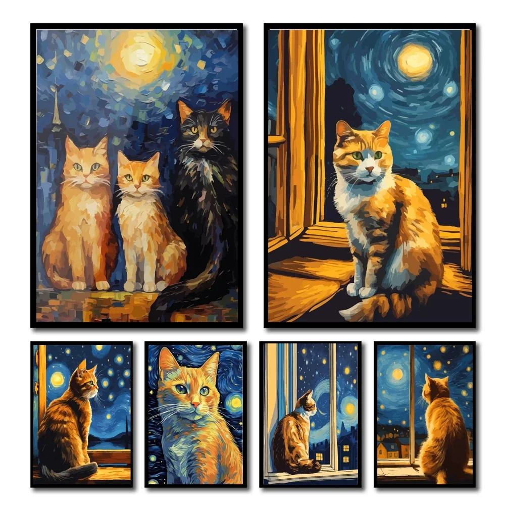 Vintage Orange Cat Black Cat Golden Retriever Look Moonlight Abstract Picture Canvas Print Art Poster Wall Decor Home Hecor