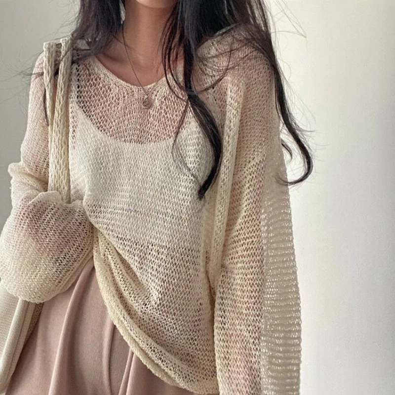 ITOOLIN Women Knit Lantern Sleeve Casual Tops Hollow Out Loose Shirts For Women Beach Mesh Chic Tees Spring Autumn 2024