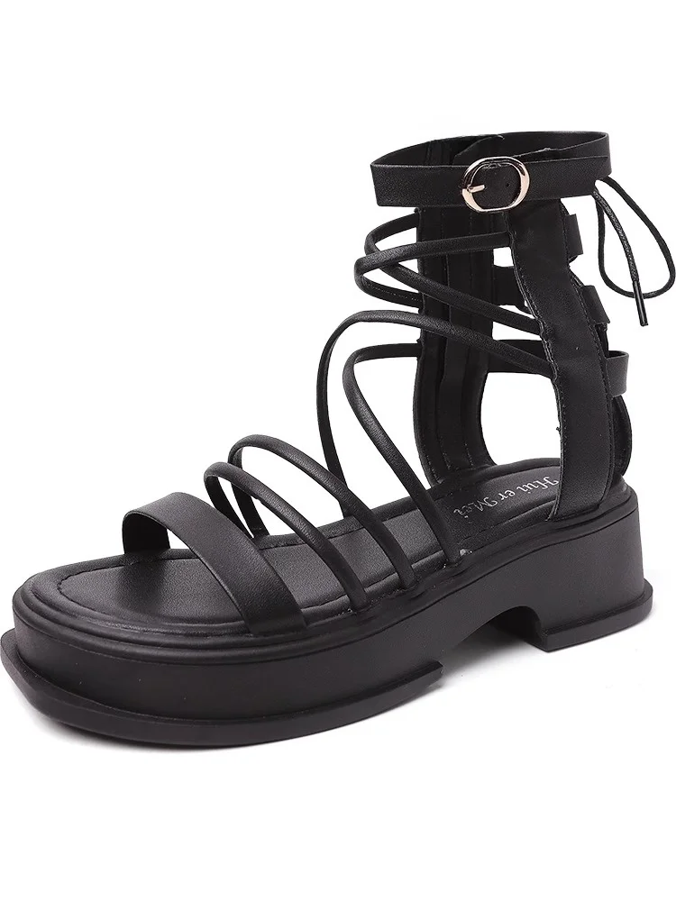 صنادل نسائية بكعب عالٍ على الطراز الروماني، تصميم صيفي جديد برباط متقاطع، نمط ساحر، نعل سميك، مناسبة للارتداء الخارجي، مصنوعة...