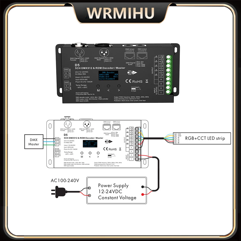 

12-24V DMX512 CV OLED D5 Equipped With XLR3 RJ45 8/16Bit 5CH PWM 0-100% Dimmer Decoder Master Controller For RGB+CCT LED Strip