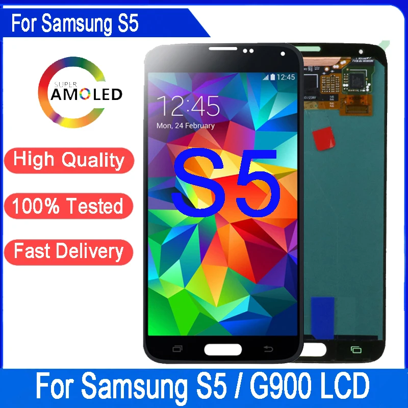 Tela LCD Super AMOLED de 5.1 polegadas para SAMSUNG S5 i9600 G900 G900F G900M G900H, Conjunto de Digitalizador de Tela Sensível ao Toque, Peças de Reposição