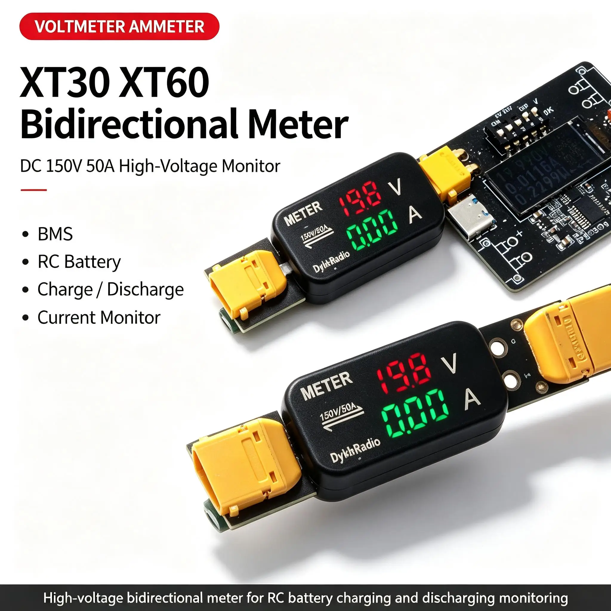 DYKB XT30 XT60 DC 150V 50A Bi-Directional Voltmeter Ammeter High Voltage Current Monitor BMS RC Battery Charging Discharge Meter