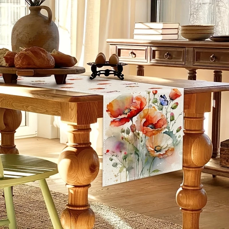 Watercolor Poppy Butterfly Table Runner, Polyester Waterproof Tablecloth, Spring Farmhouse Kitchen Decor