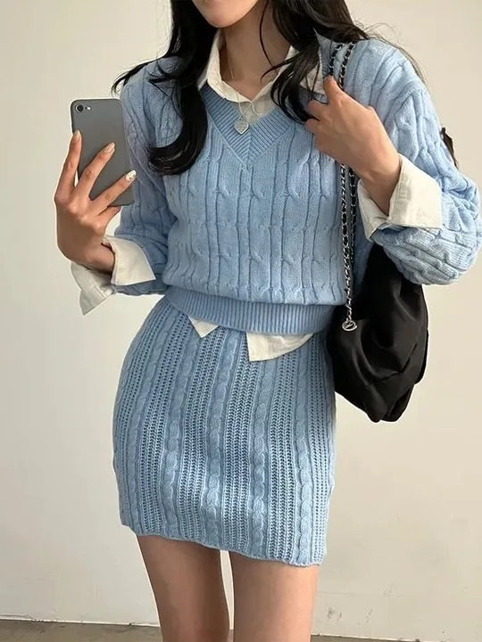 

Chic Autumn Winter ort V-ne Twist Knitted Sweater High Waist Bodycon Skirt Two-piece Set Simple Retro Sle for Women