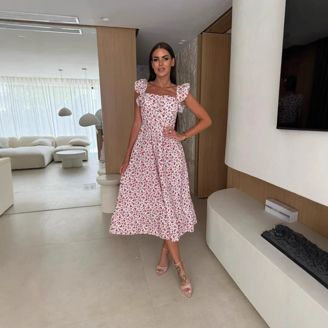 Rench فستان ميدي امرأة 2025 صيف جديد مثير فستان زهري ساحة بروتيل فستان عالية الخصر ألف خط فستان عطلة المرأة عادية
