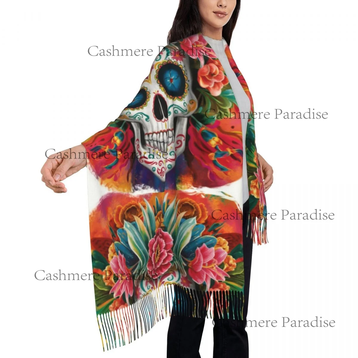 Mexican Catrina Girl Day Of The Dead Sugar Skull Women's Pashmina Shawl Wraps Fringe Scarf Long Large Scarf