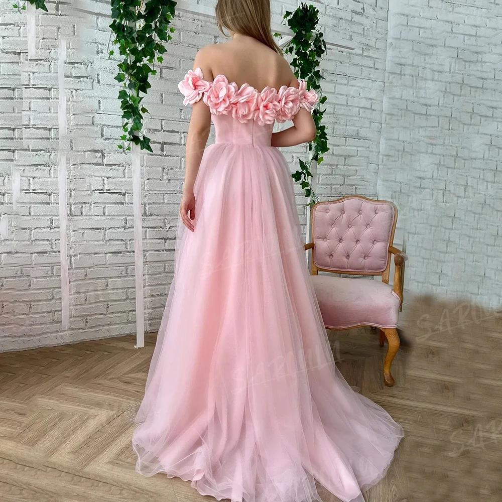 Pink 3D Flower A-line Prom Gown Wedding Dress Off The Shoulder High Slit Bridal Robe for Bride To Be Wed Party Evening Dress