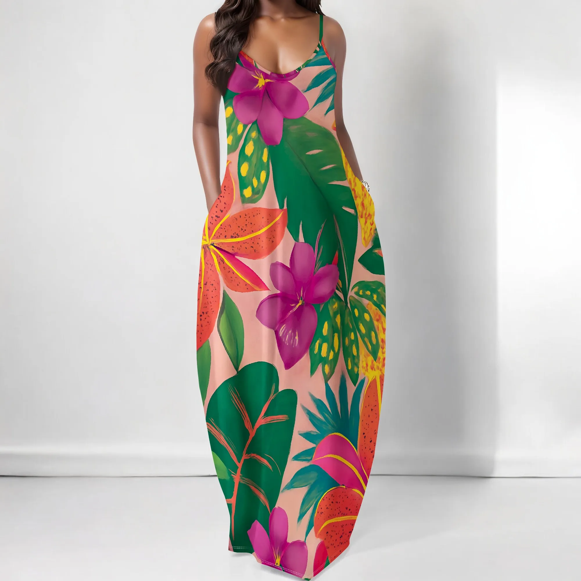 

Women's Tropical Print Maxi Dress Spaghetti Strap Floral Beach Vacation Dress with Pockets XS-3XL
