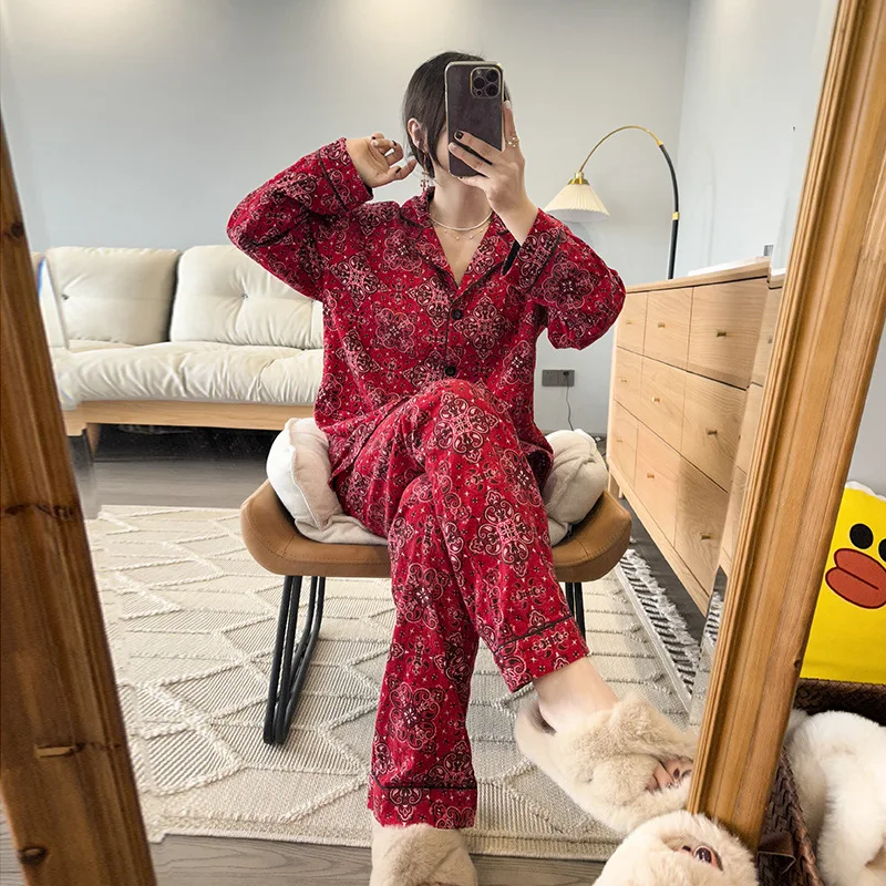 100% Cotton Matte Pajamas for Women Sleepwear Cartoon Long Sleeve Pants 2 Pieces Home Suit Loungewear Womens Outfits New