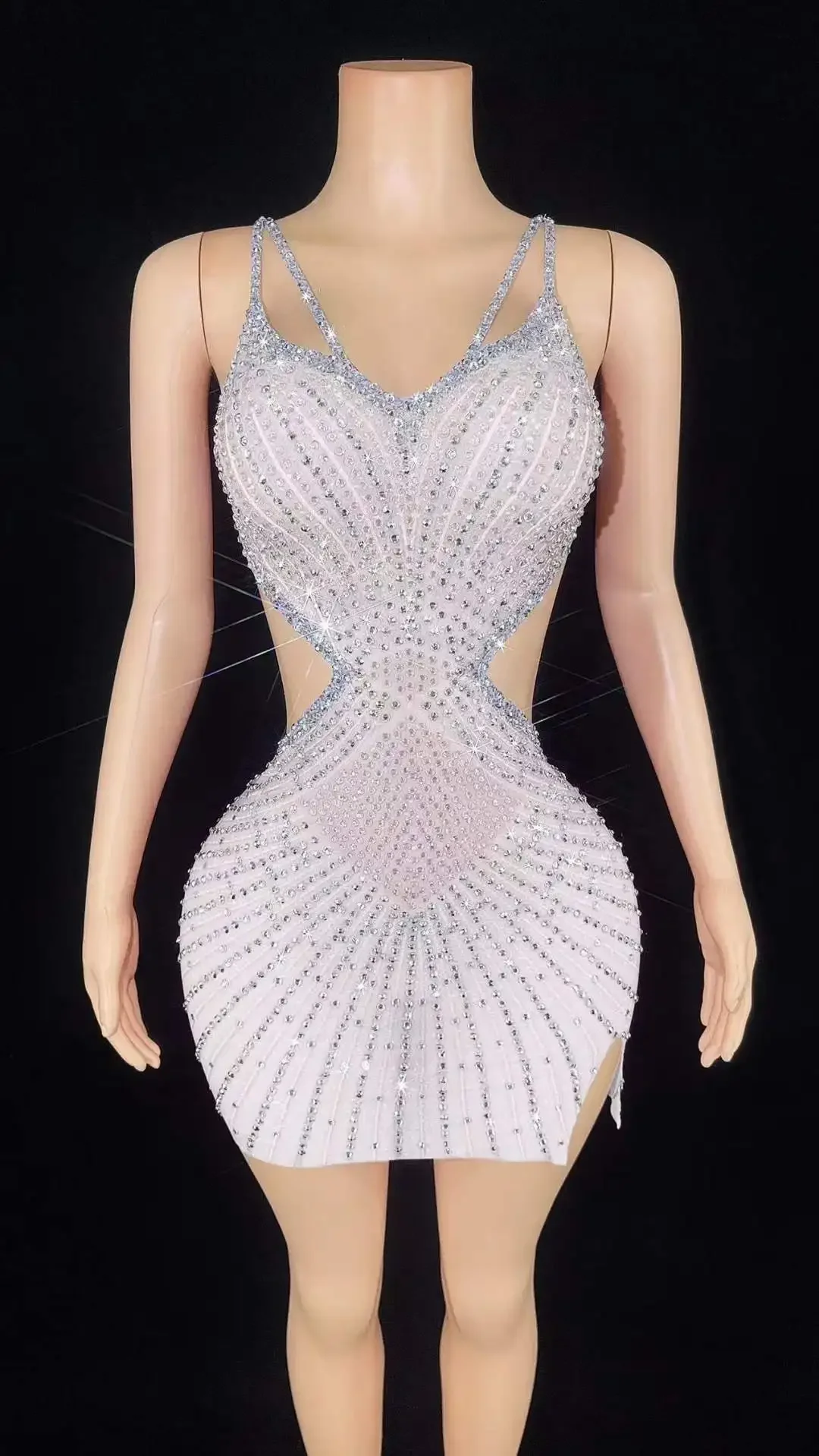 

Backless Sparkly Sexy Women Rhinestone Sexy Dress Birthday Party Stage Performance Wear Summer Evening Queen Outfit White Pink