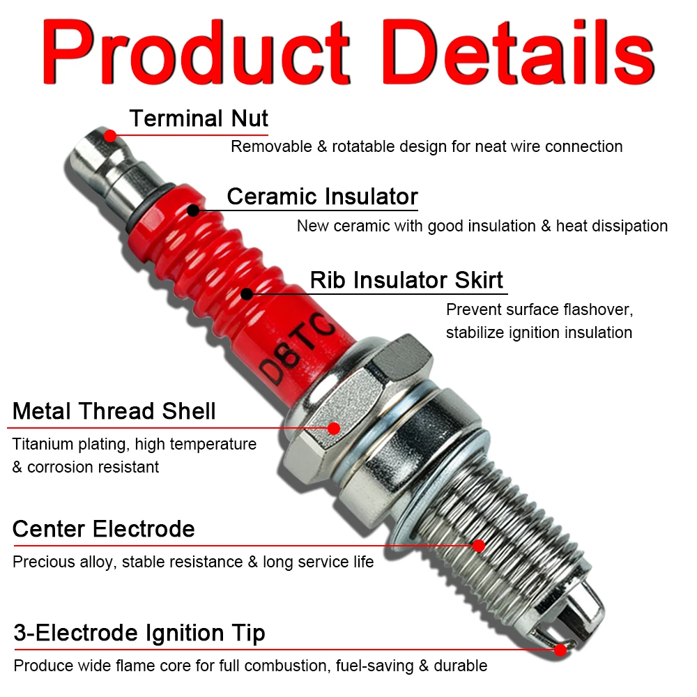 D8TC New Spark Plug Kit 5Pcs 3 Electrode Spark Plugs + 18mm Wrench For CG125 CG150 Vertical Engine Motorcycle Dirt Bike ATV Quad