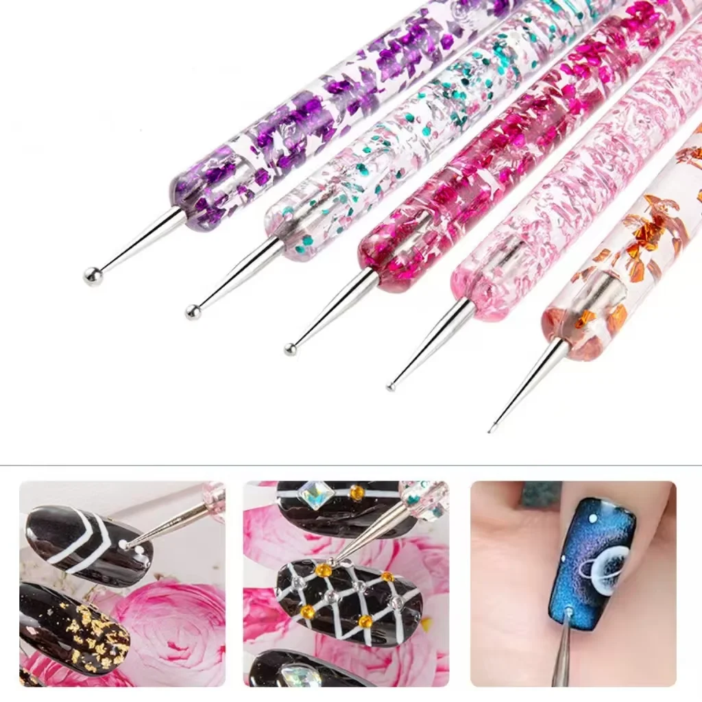 5pcs/Set Dual-Ended Nail Art Dotting Pen With Rhinestones Handle 3D UV Gel Liner Flower Pattern Drawing Painting Brush Tool Kits