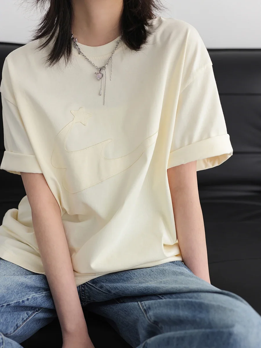 CHIC VEN Women's T-shirt Short Sleeve New Streetwear Loose Tees Patch Embroidered Ladies Top O-Collar Casual 2023 Summer